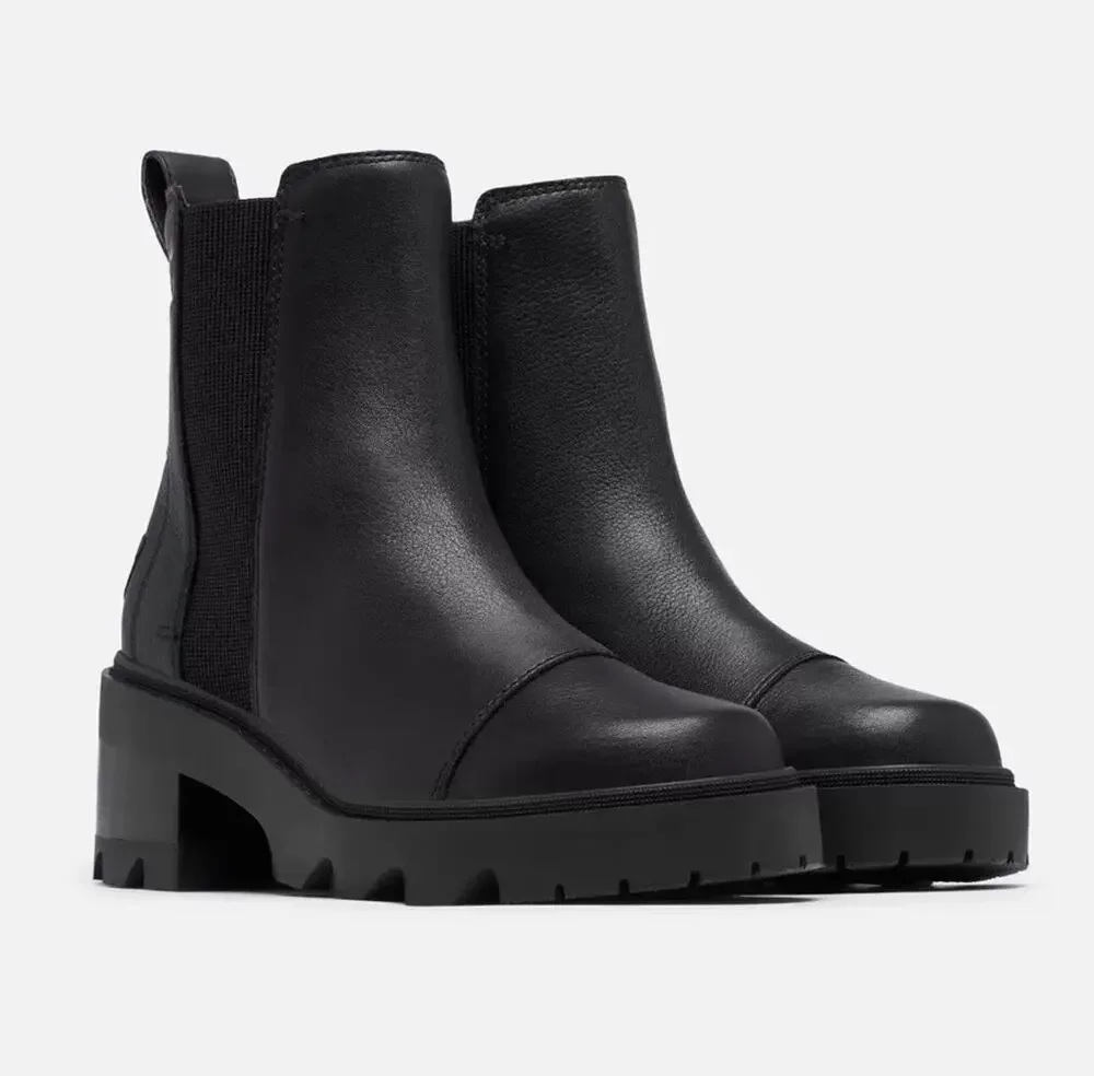 Sorel Joan Chelsea Leather Black Pull-on Ankle Combat Boots Lug Sole 6.5 SRS2